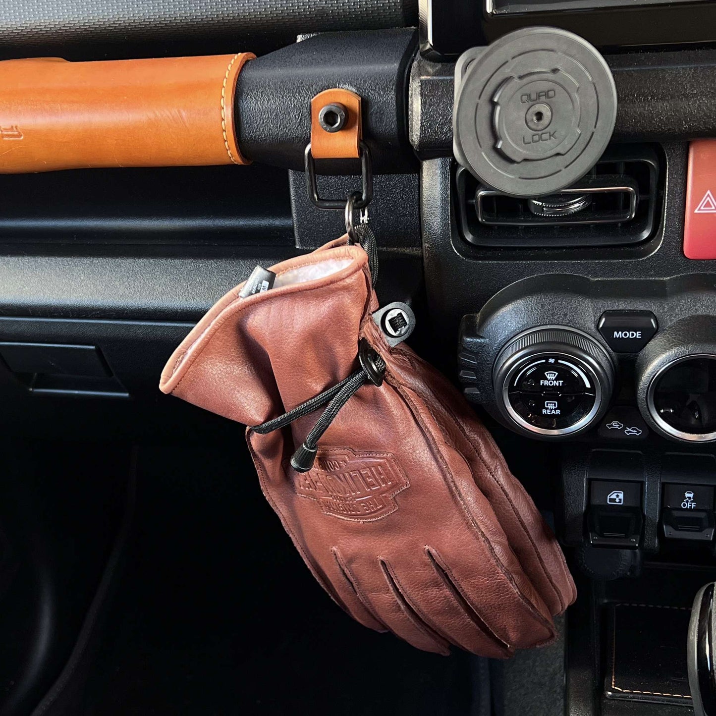 Dash Hooks – Leather & Steel Utility Mount - Tan with Gloves