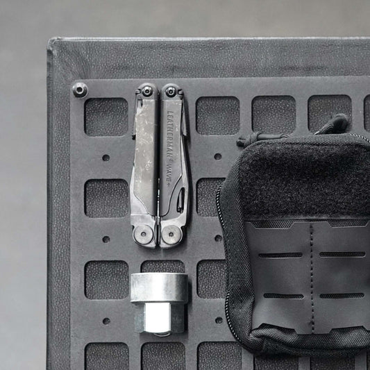 Strong Magnetic Mounts for Out There Equipped MOLLE Organiser Panels Holding a Leatherman Multitool