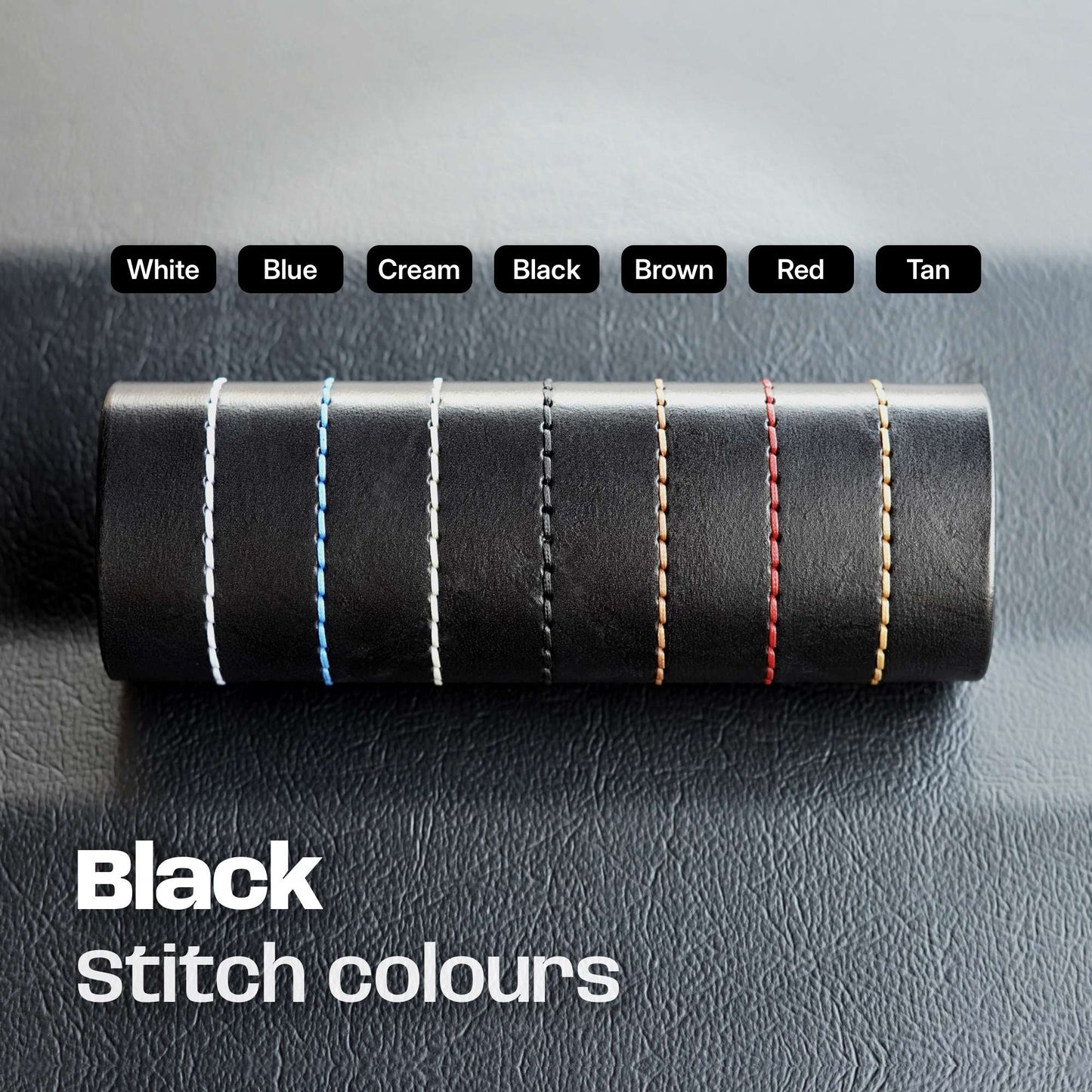 BNlack leather with various colored stitch options on a gray background