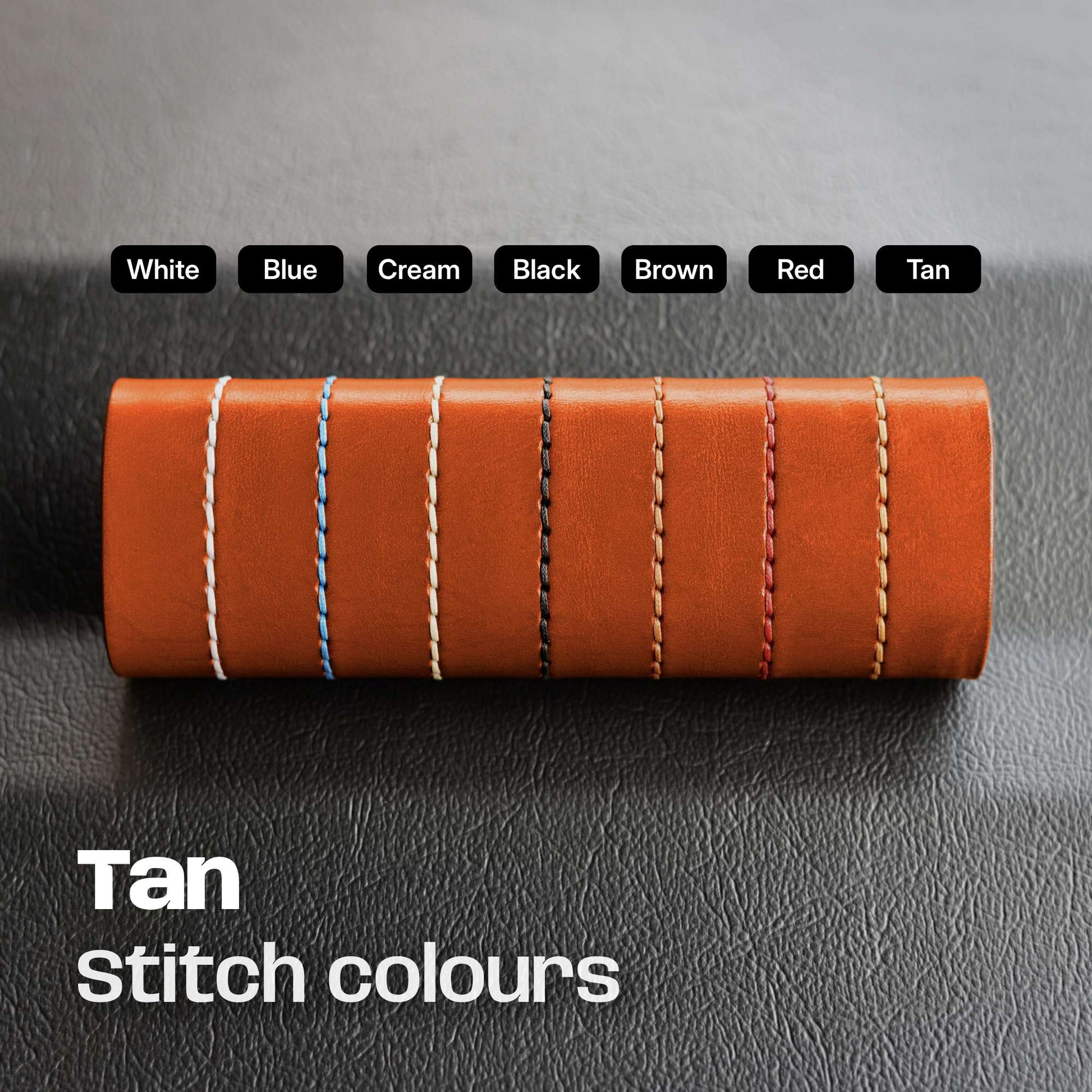 Tan leather with stitch colour options on a gray background
