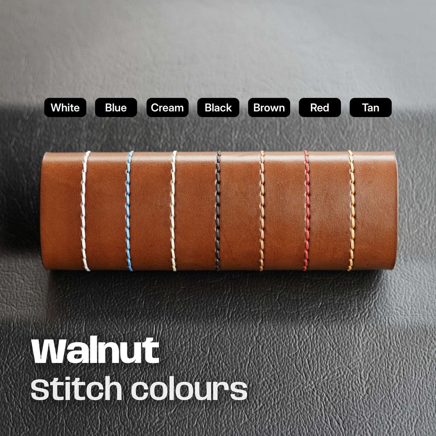 Walnut leather with various stitch colors on a gray background