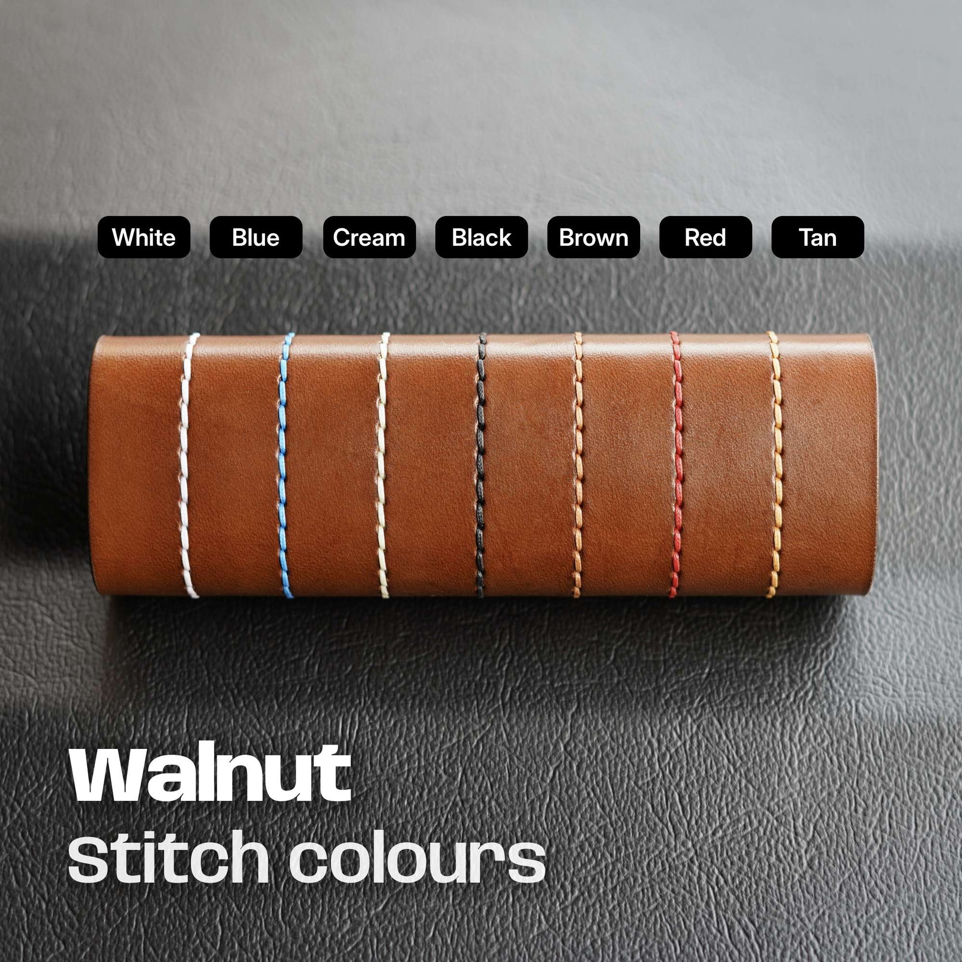 Walnut leather with various stitch colors on a gray background