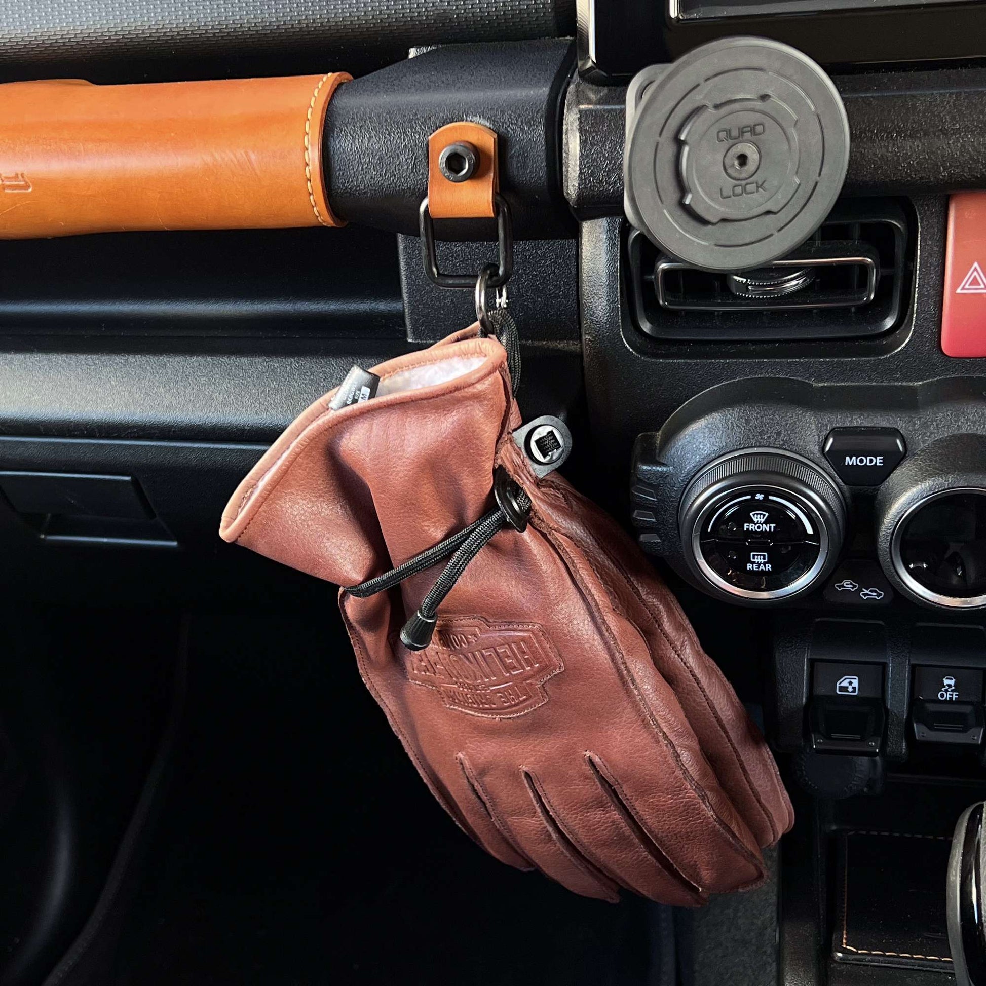 Dash Hooks – Leather & Steel Utility Mount - Tan with Gloves