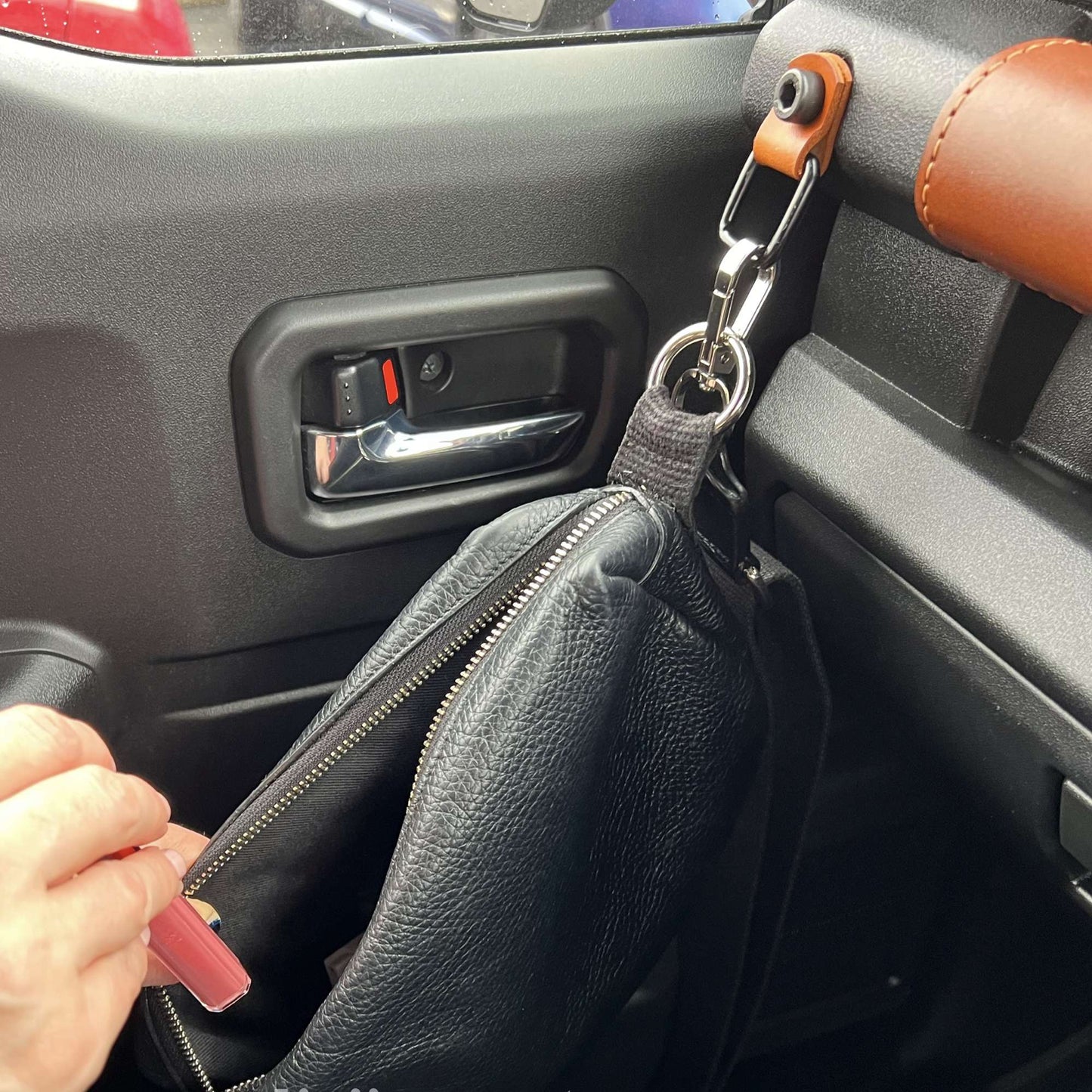 Dash Hooks – Leather & Steel Utility Mount - Tan with Handbag