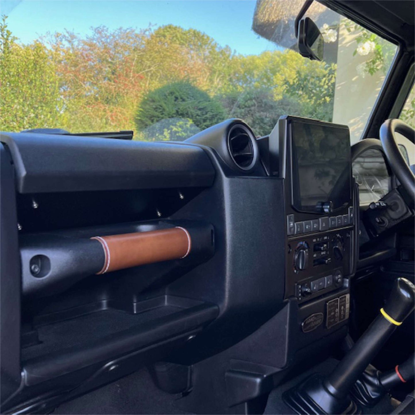 Defender Dashboard Grab Handle Leather Cover - Heritage Style - Walnut + White Stitching