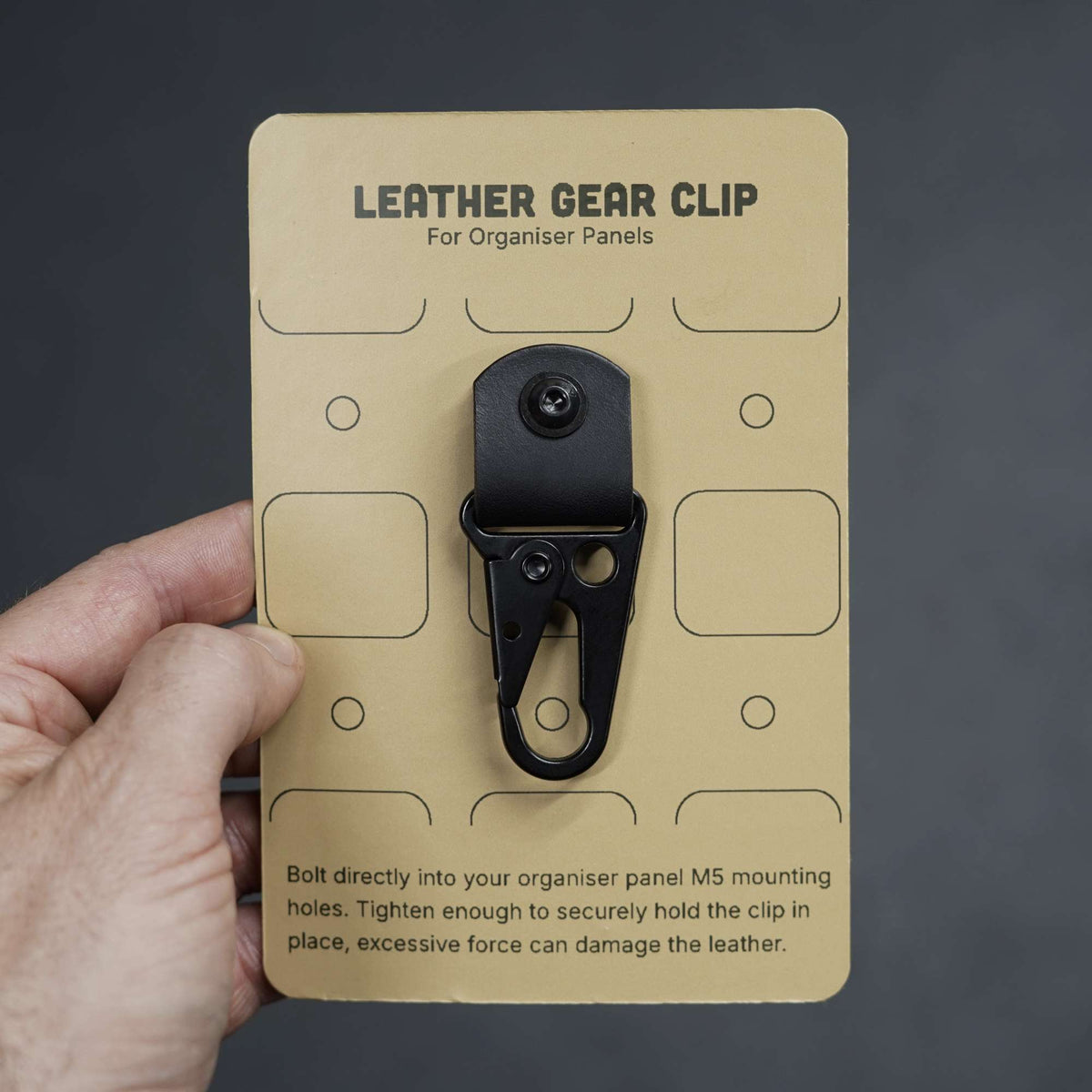 Black Leather Gear Clip with Spring-loaded aluminium tactical style clasp